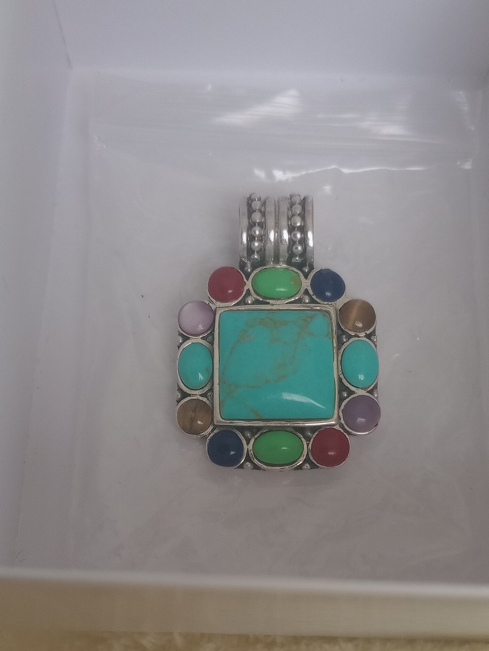 ZUNI ARTISANS Turquoise Multistone Silver Pendant Necklace - Hand Crafted-signed